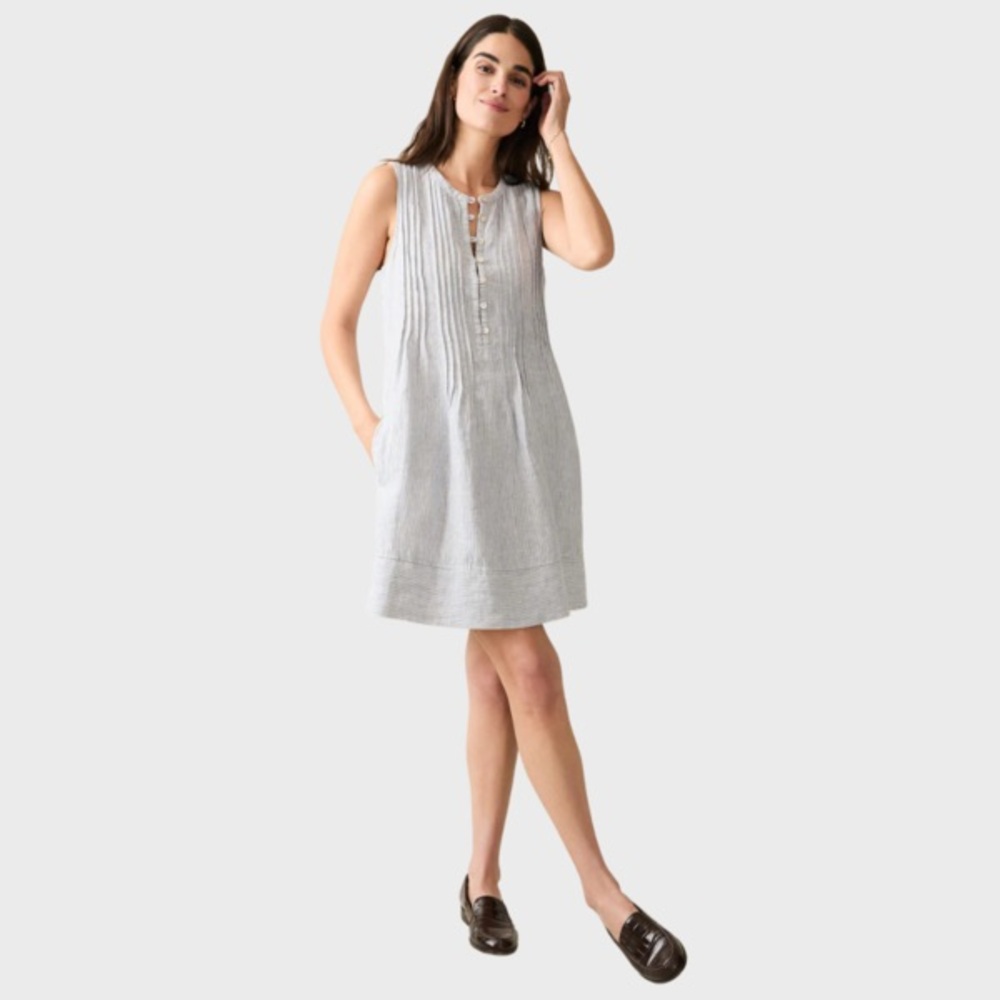Faherty Dream Cotton Gauze Isha Dress in Blue Mini Stripe Size Medium.
